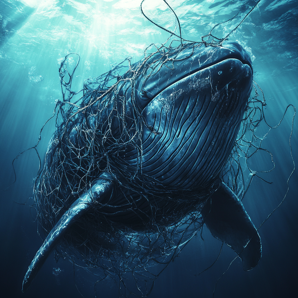 Ein schwer verletzter Wal, der in Fischernetzen gefangen ist, schwimmt im klaren Wasser und wird von Sonnenstrahlen beleuchtet. Das Bild hebt die Bedrohung durch Meeresverschmutzung und das Problem der Plastikabfälle im Ozean hervor.